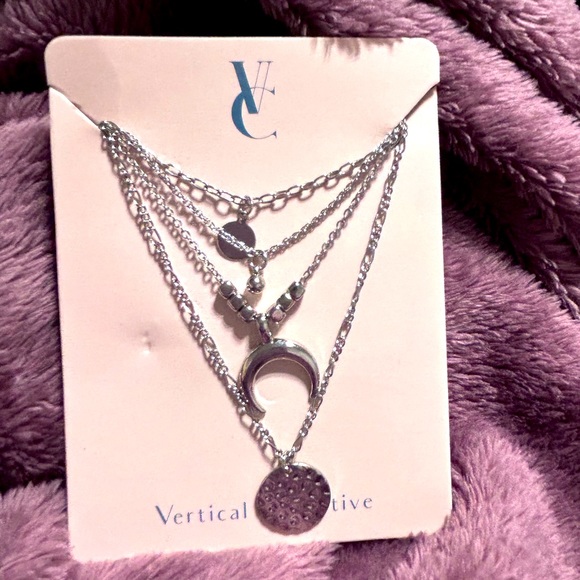 Celestial Lariat Necklace…Silver Plated Long-Layered Hammered Moon Charm - Picture 1 of 3